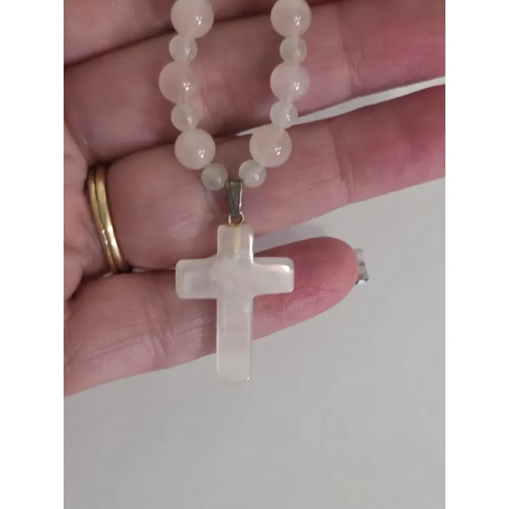 Rose Quartz Beaded Cross Pendant Necklace Silver Tone Toggle Clasp 22